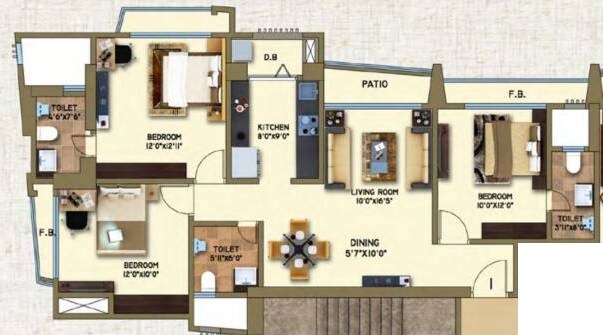 Floor plan of 3 BHK 834 Sq. Ft. Apartment in Arkade Art, Thane