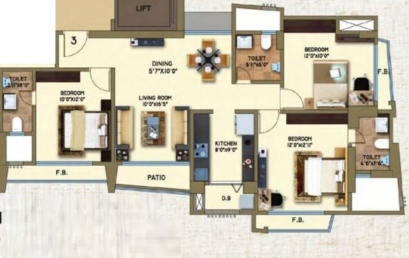 Floor plan of 3 BHK 848 Sq. Ft. Apartment in Arkade Art Phase 2, Thane