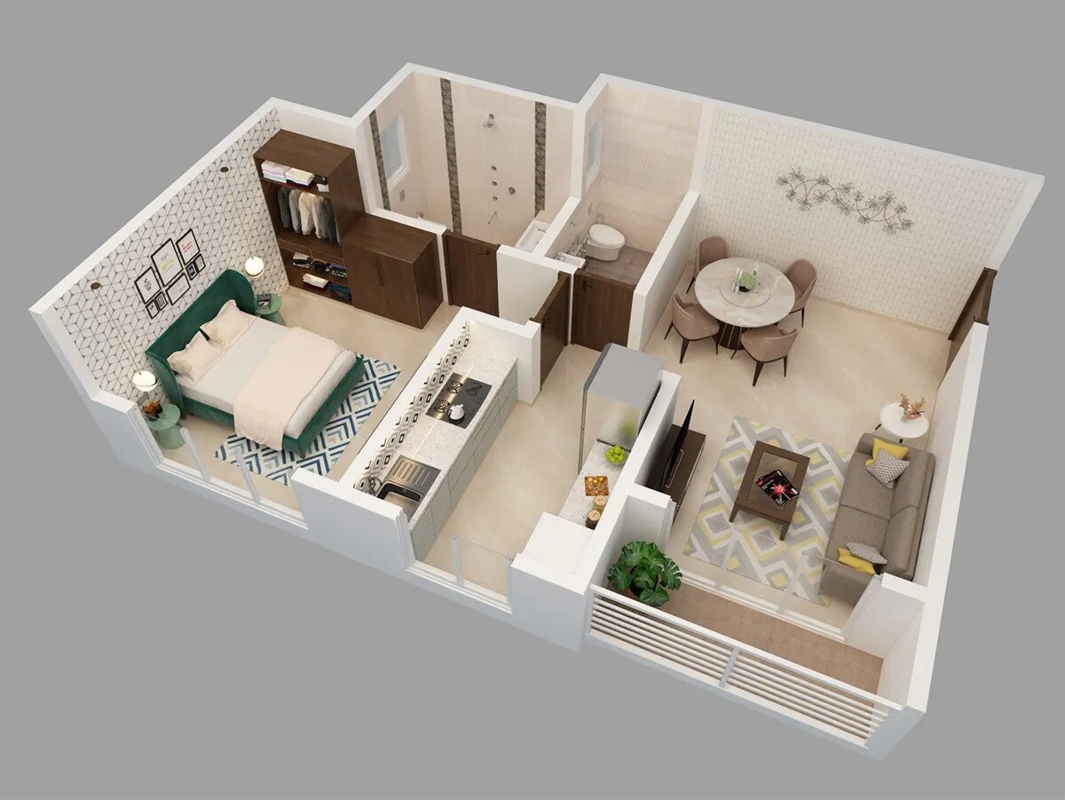 Floor plan of 1 BHK 464 Sq. Ft. Apartment in Arya Auroville, Thane