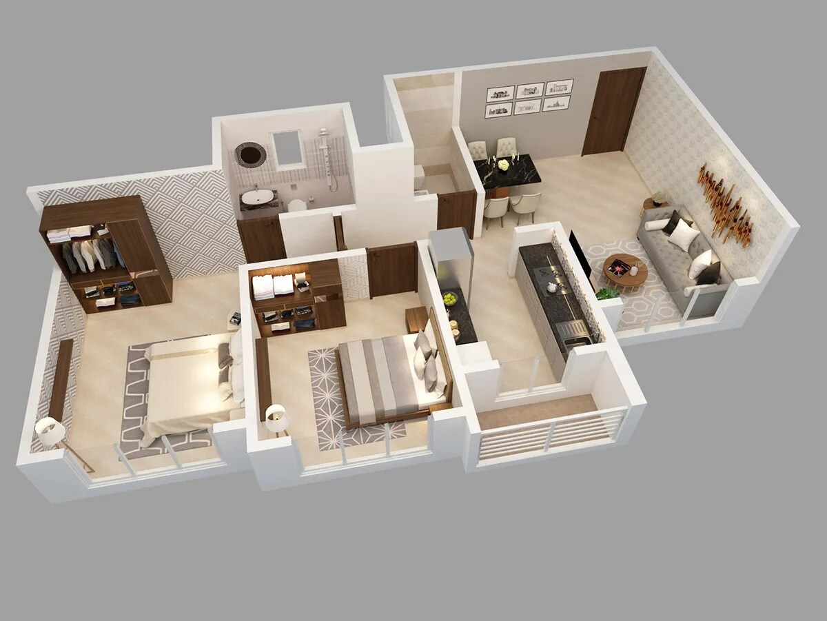 Floor plan of 2 BHK 640 Sq. Ft. Apartment in Arya Auroville, Thane