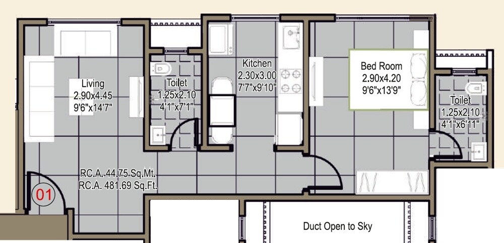 Floor plan of 1 BHK 481 Sq. Ft. Apartment in Ashapura Anant And Radhika Heights, Thane