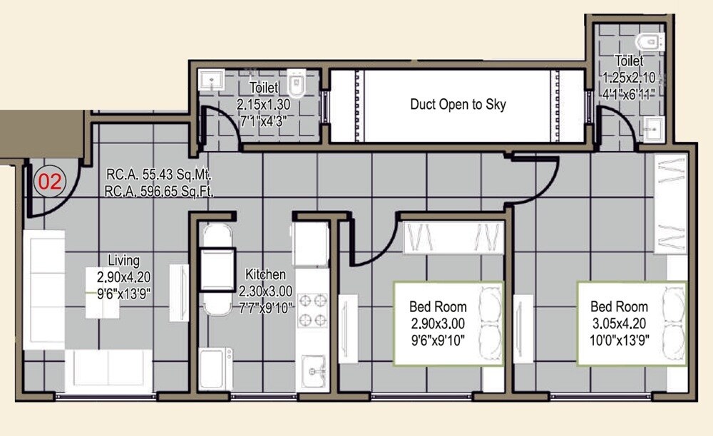 Floor plan of 2 BHK 596 Sq. Ft. Apartment in Ashapura Anant And Radhika Heights, Thane