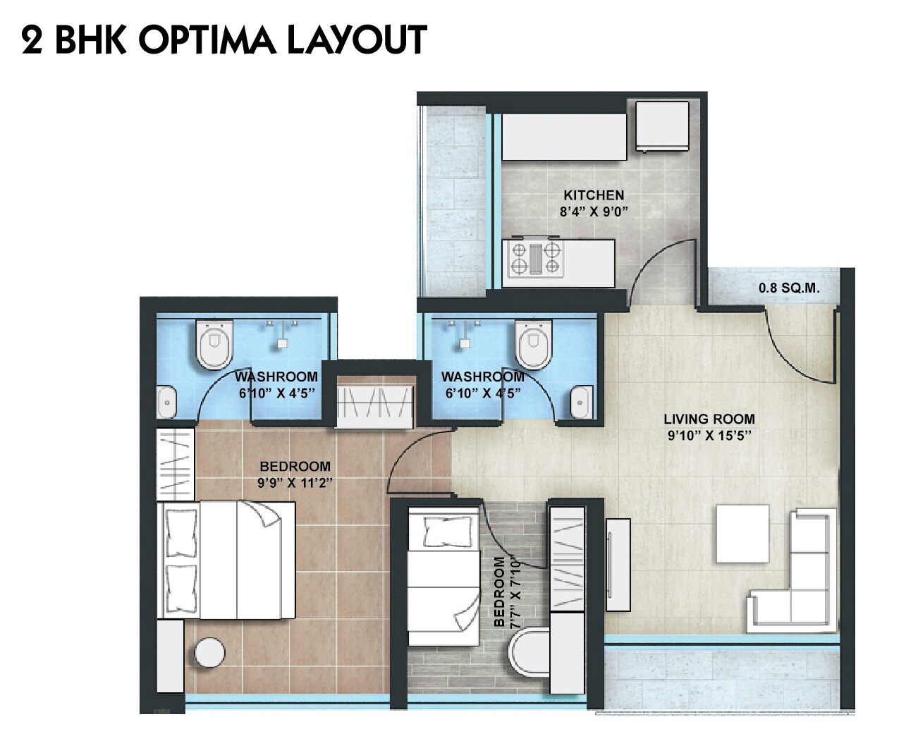 Floor plan of 2 BHK Apartment - 450 sq. ft. in Ashapura Asha Icon, Thane
