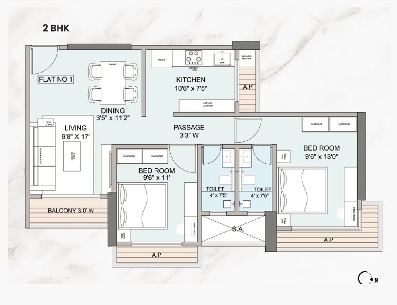 2 BHK 735 Sq. Ft. Apartment