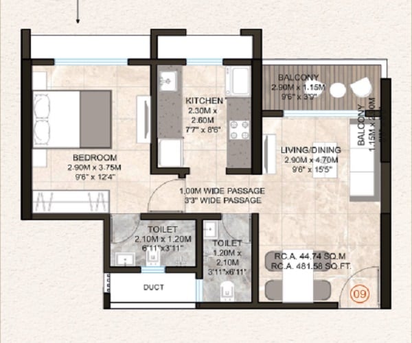 Floor plan of 1 BHK 482 Sq. Ft. Apartment in Ashapura Vishwanath Darshan, Thane