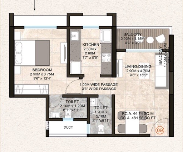 Floor plan of 1 BHK 482 Sq. Ft. Apartment in Ashapura Vishwanath Darshan, Thane