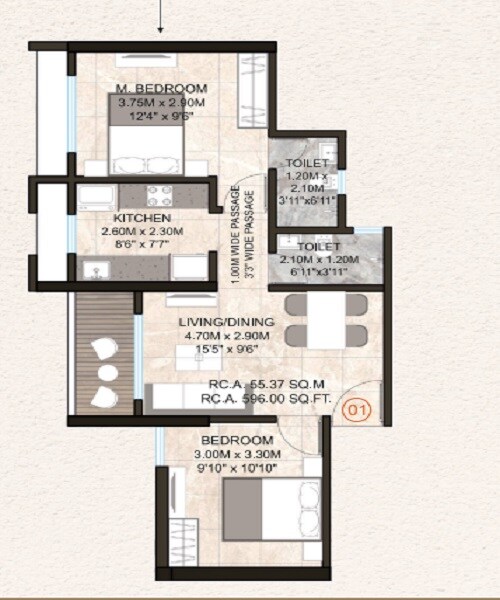 Floor plan of 2 BHK 596 Sq. Ft. Apartment in Ashapura Vishwanath Darshan, Thane