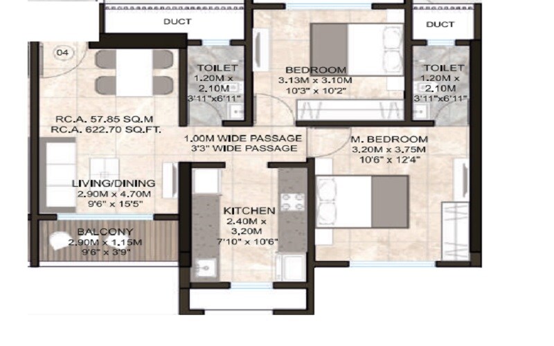 Floor plan of 2 BHK 634 Sq. Ft. Apartment in Ashapura Vishwanath Darshan, Thane