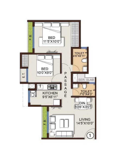 Floor plan of 2 BHK 520 Sq. Ft. Apartment in Ashar 16, Thane