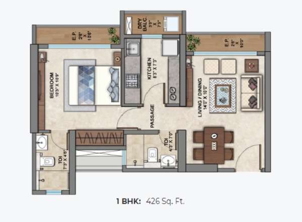 1 BHK 426 Sq. Ft. Apartment in Ashar Aria