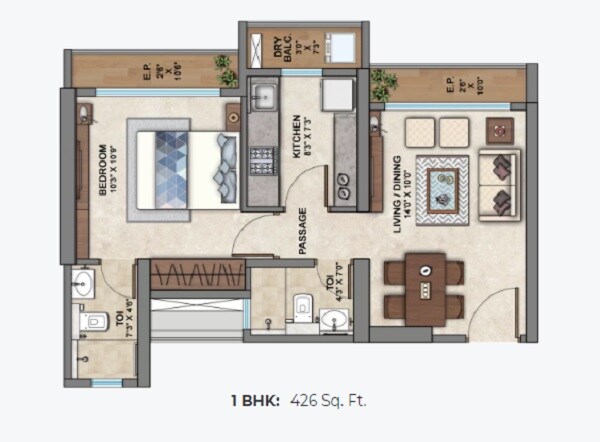 Floor plan of 1 BHK 426 Sq. Ft. Apartment in Ashar Aria, Thane