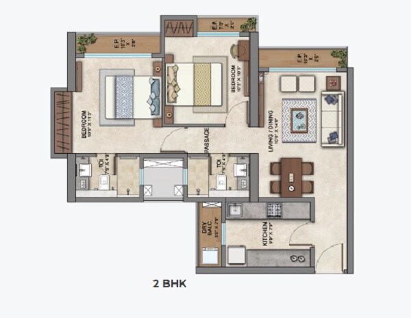 Floor plan of 2 BHK 569 Sq. Ft. Apartment in Ashar Aria, Thane