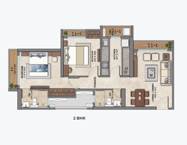 Floor plan of 2 BHK 643 Sq. Ft. Apartment in Ashar Aria, Thane