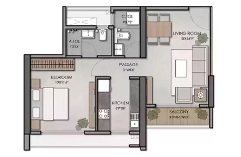 Floor plan of 1 BHK 457 Sq. Ft. Apartment in Ashar Arize, Thane