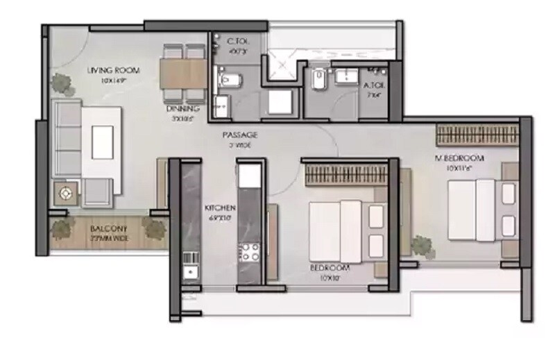 Floor plan of 2 BHK 644 Sq. Ft. Apartment in Ashar Arize, Thane