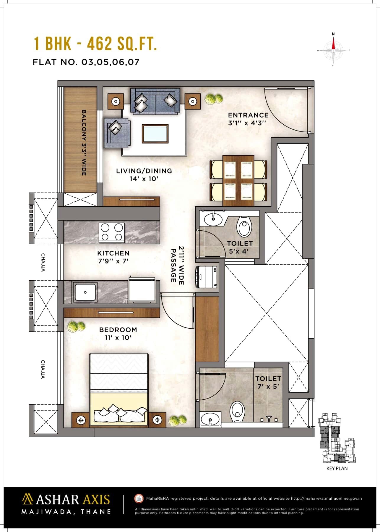 Floor plan of 1 BHK 462 Sq. Ft. Apartment in Ashar Axis, Thane