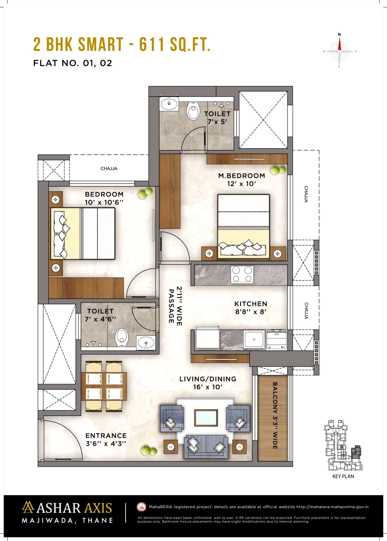 Floor plan of 2 BHK 611 Sq. Ft. Apartment in Ashar Axis, Thane