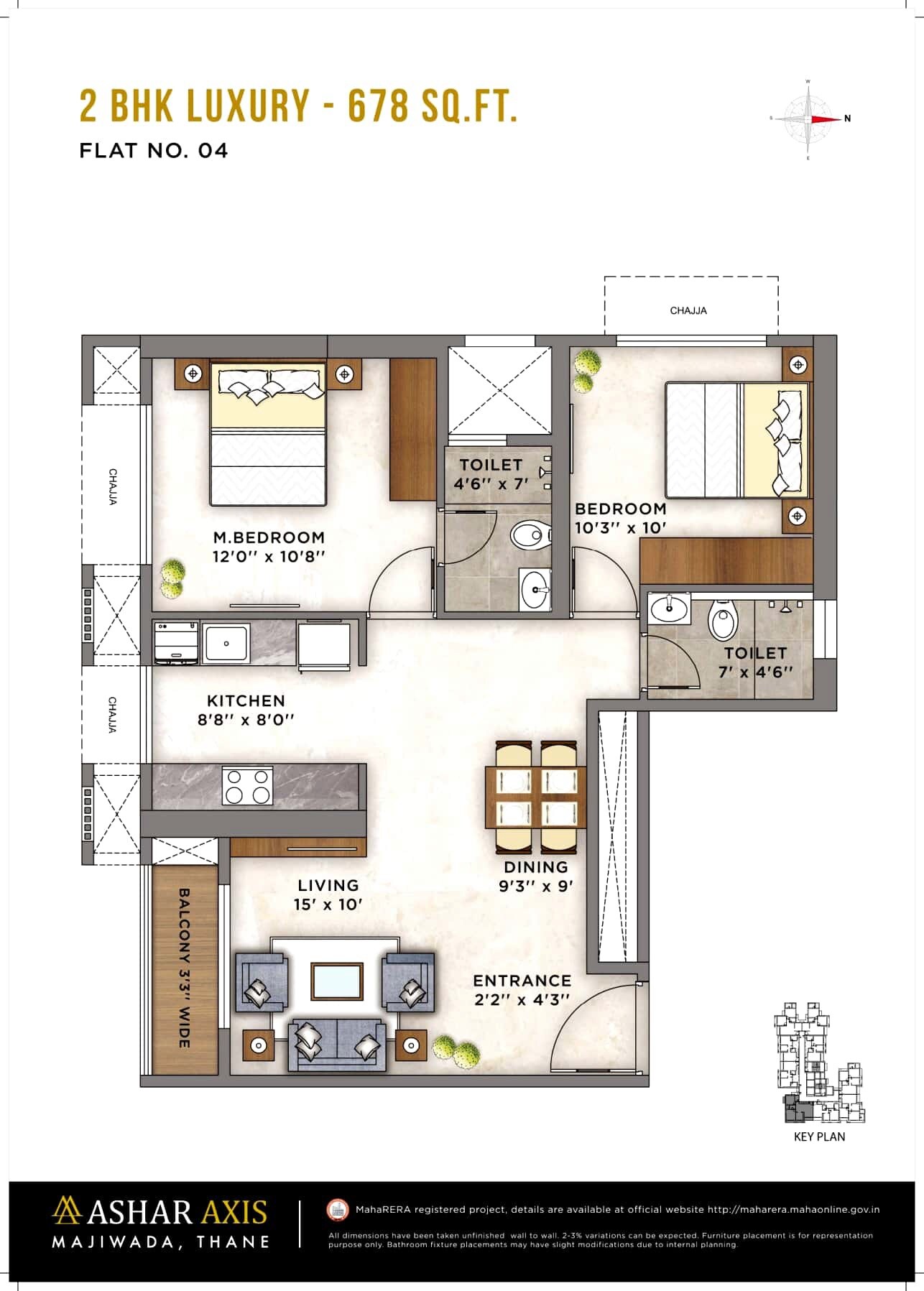 Floor plan of 2 BHK 678 Sq. Ft. Apartment in Ashar Axis, Thane