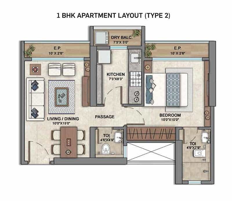 Floor plan of 1 BHK 387 Sq. Ft. Apartment in Ashar Edge, Thane