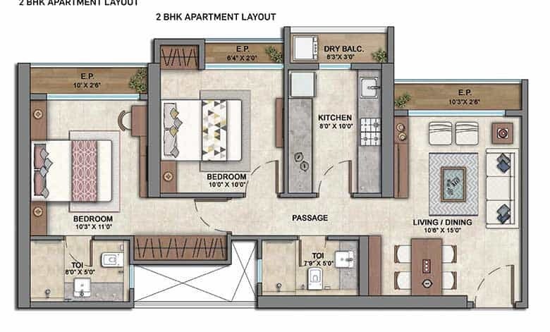 Floor plan of 2 BHK 595 Sq. Ft. Apartment in Ashar Edge, Thane