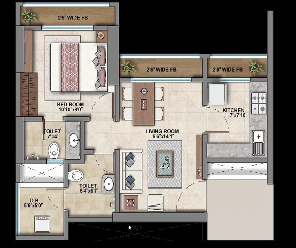 Floor plan of 1 BHK 478 Sq. Ft. Apartment in Ashar Metro Towers, Thane