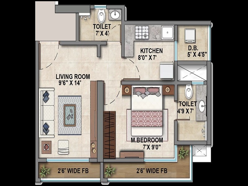 Floor plan of 2 BHK 486 Sq. Ft. Apartment in Ashar Metro Towers, Thane