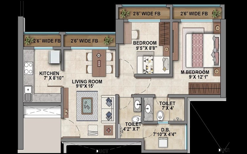 Floor plan of 2 BHK 639 Sq. Ft. Apartment in Ashar Metro Towers, Thane