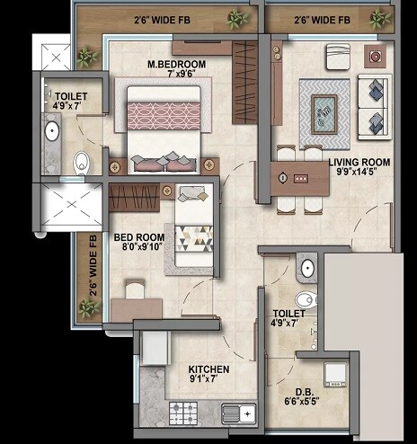 Floor plan of 2 BHK 644 Sq. Ft. Apartment in Ashar Metro Towers, Thane