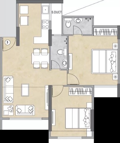 Floor plan of 2 BHK 557 Sq. Ft. Apartment in Ashar Sapphire, Thane