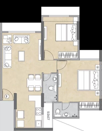 Floor plan of 2 BHK 649 Sq. Ft. Apartment in Ashar Sapphire, Thane