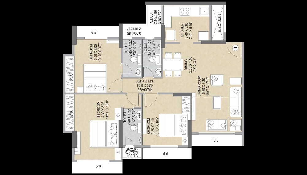 Floor plan of 3 BHK 813 Sq. Ft. Apartment in Ashar Sapphire, Thane