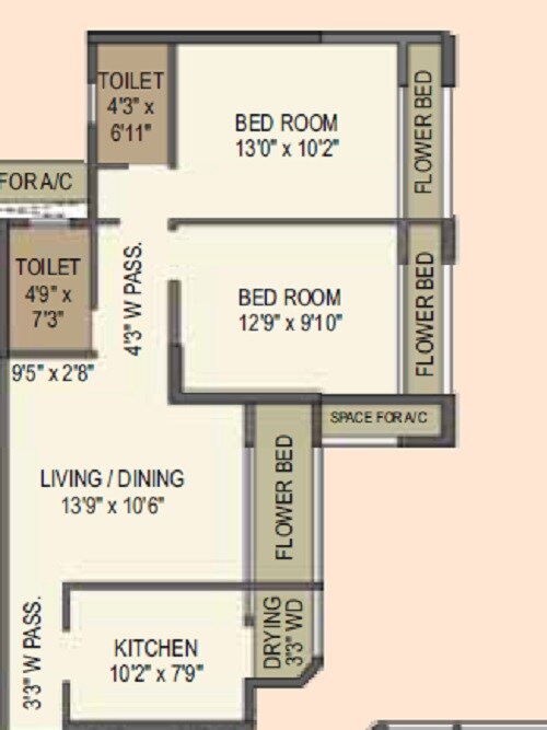 Floor plan of 2 BHK 630 Sq. Ft. Apartment in Ashish Samriddhi, Thane