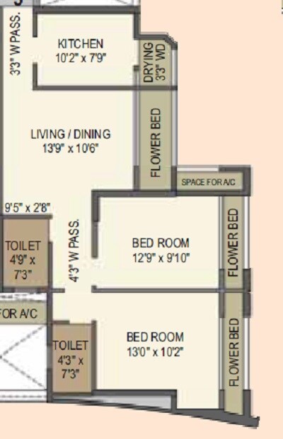 Floor plan of 2 BHK 617 Sq. Ft. Apartment in Ashish Samriddhi, Thane