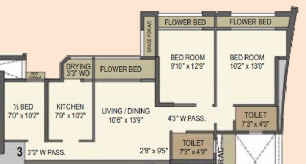 Floor plan of 3 BHK 789 Sq. Ft. Apartment in Ashish Samriddhi, Thane