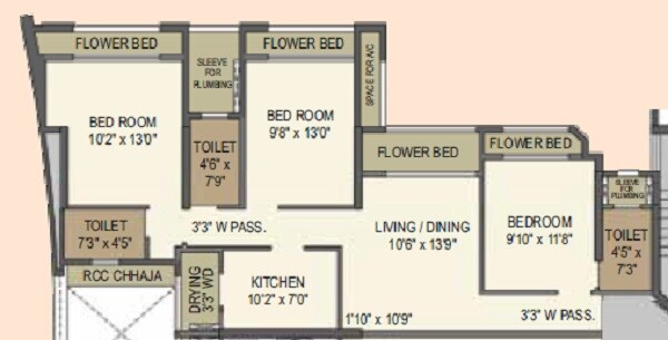 Floor plan of 3 BHK 973 Sq. Ft. Apartment in Ashish Samriddhi, Thane