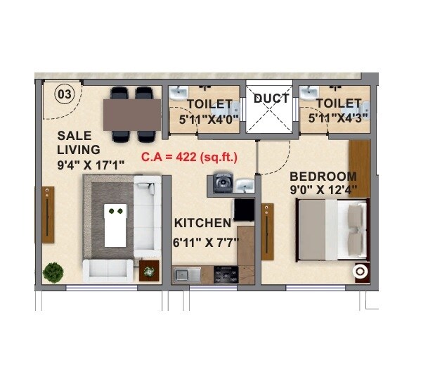 Floor plan of 1 BHK 421 Sq. Ft. Apartment in Ashwamedh Blue Berry, Thane