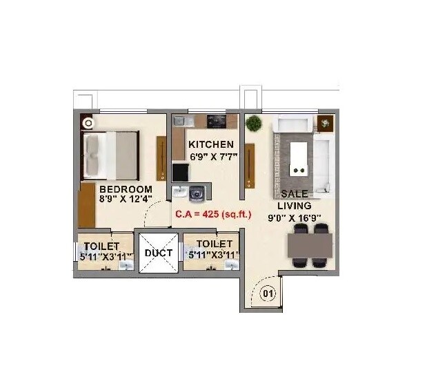 Floor plan of 1 BHK 425 Sq. Ft. Apartment in Ashwamedh Blue Berry, Thane