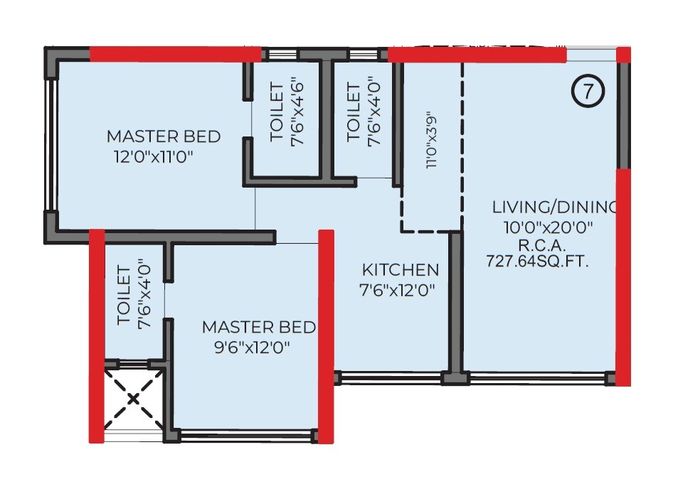 Floor plan of 2 BHK 728 Sq. Ft. Apartment in Asmita Grand Maison, Thane