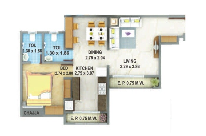 Floor plan of 1 BHK 525 Sq. Ft. Apartment in Atlanta Konark Meadows, Thane