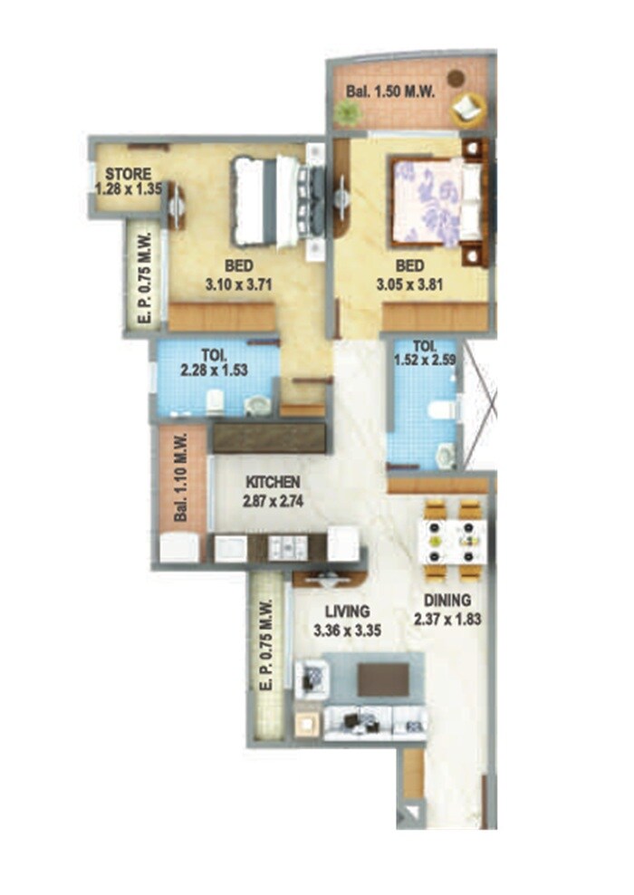 Floor plan of 2 BHK 564 Sq. Ft. Apartment in Atlanta Konark Meadows, Thane