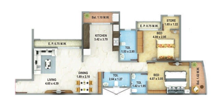 Floor plan of 2 BHK 742 Sq. Ft. Apartment in Atlanta Konark Meadows, Thane