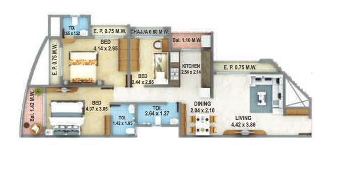 Floor plan of 3 BHK 880 Sq. Ft. Apartment in Atlanta Konark Meadows, Thane