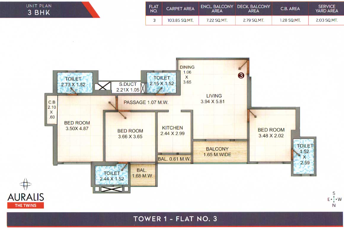 Floor plan of 3 BHK 1260 Sq. Ft. Apartment in Auralis The Twins, Thane