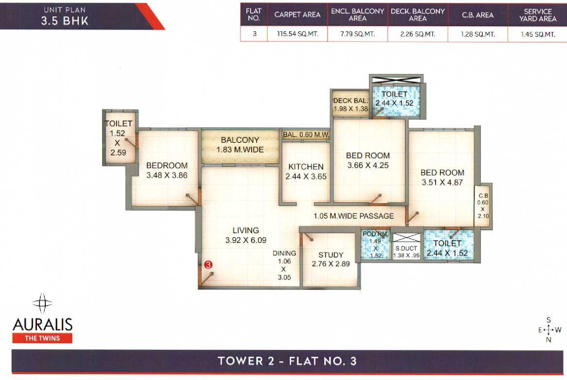 Floor plan of 3 BHK 1381 Sq. Ft. Apartment in Auralis The Twins, Thane