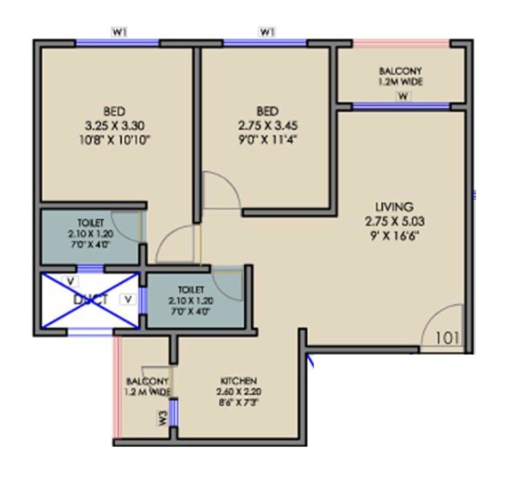 Floor plan of 2 BHK 593 Sq. Ft. Apartment in Aurus La Luxuria, Thane