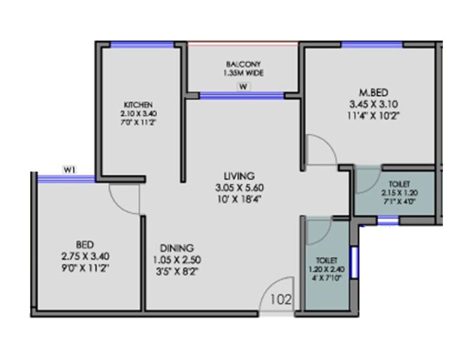 Floor plan of 2 BHK 653 Sq. Ft. Apartment in Aurus La Luxuria, Thane
