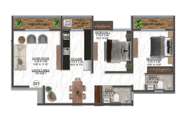 2 BHK 736 Sq. Ft. Apartment