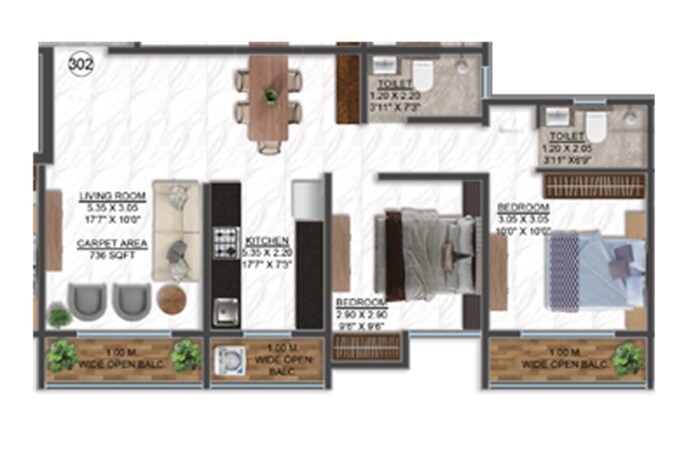 2 BHK 765 Sq. Ft. Apartment