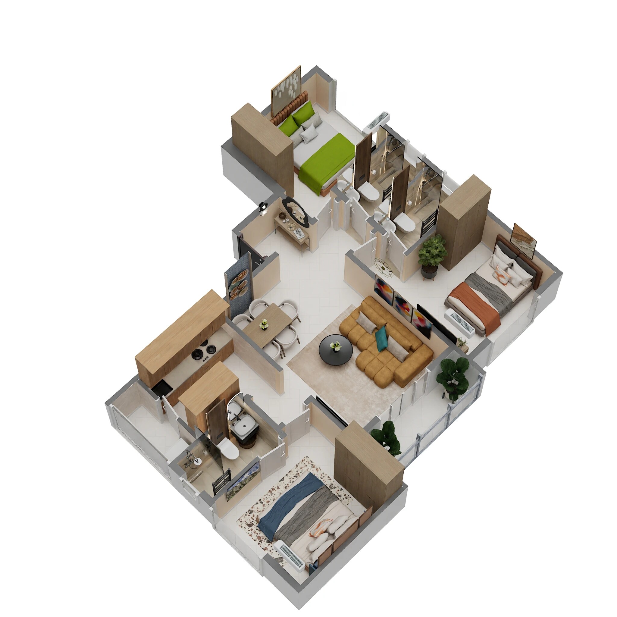 Floor plan of 3 BHK 834 Sq. Ft. Apartment in Avighna Amar Pushpakunj, Thane