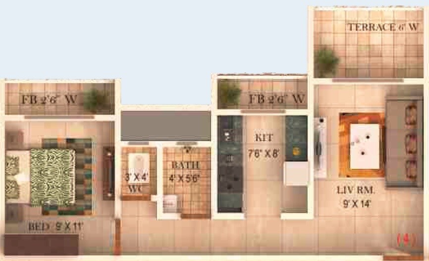 Floor plan of 1 BHK 410 Sq. Ft. Apartment in Avighna Karan, Thane